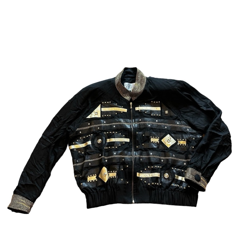 Xavier & Renee 80s/ Bomber Jacket studded WITH Gold / Black Leather Size M !!